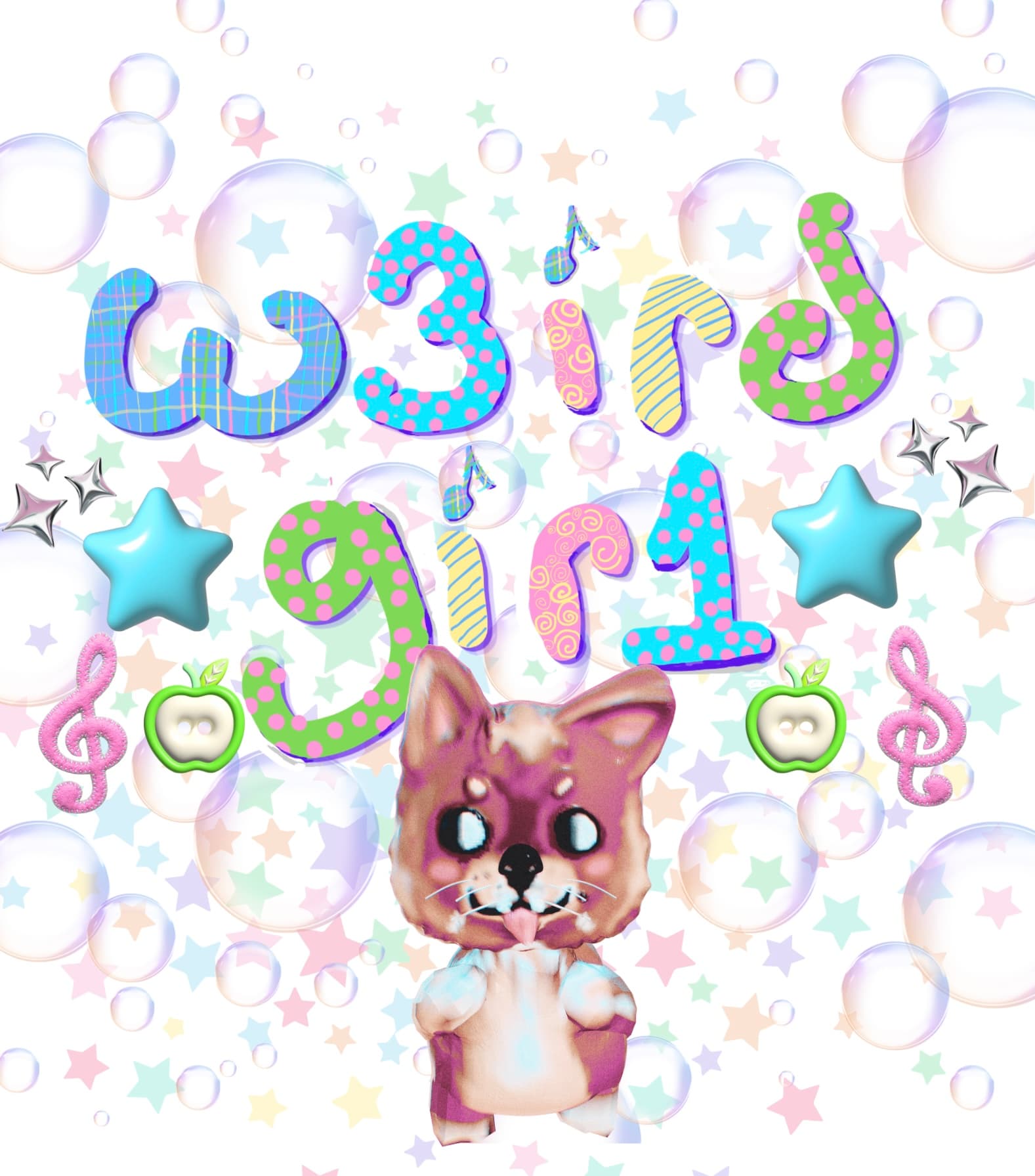 Weird Girl logo with a surreal cat, stars, bubbles, and colorful lettering